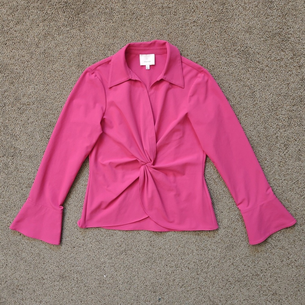 Cinq a Sept Pink Twist Front Flare Sleeve Collared Blouse Shirt Top Women's L - Picture 2 of 11